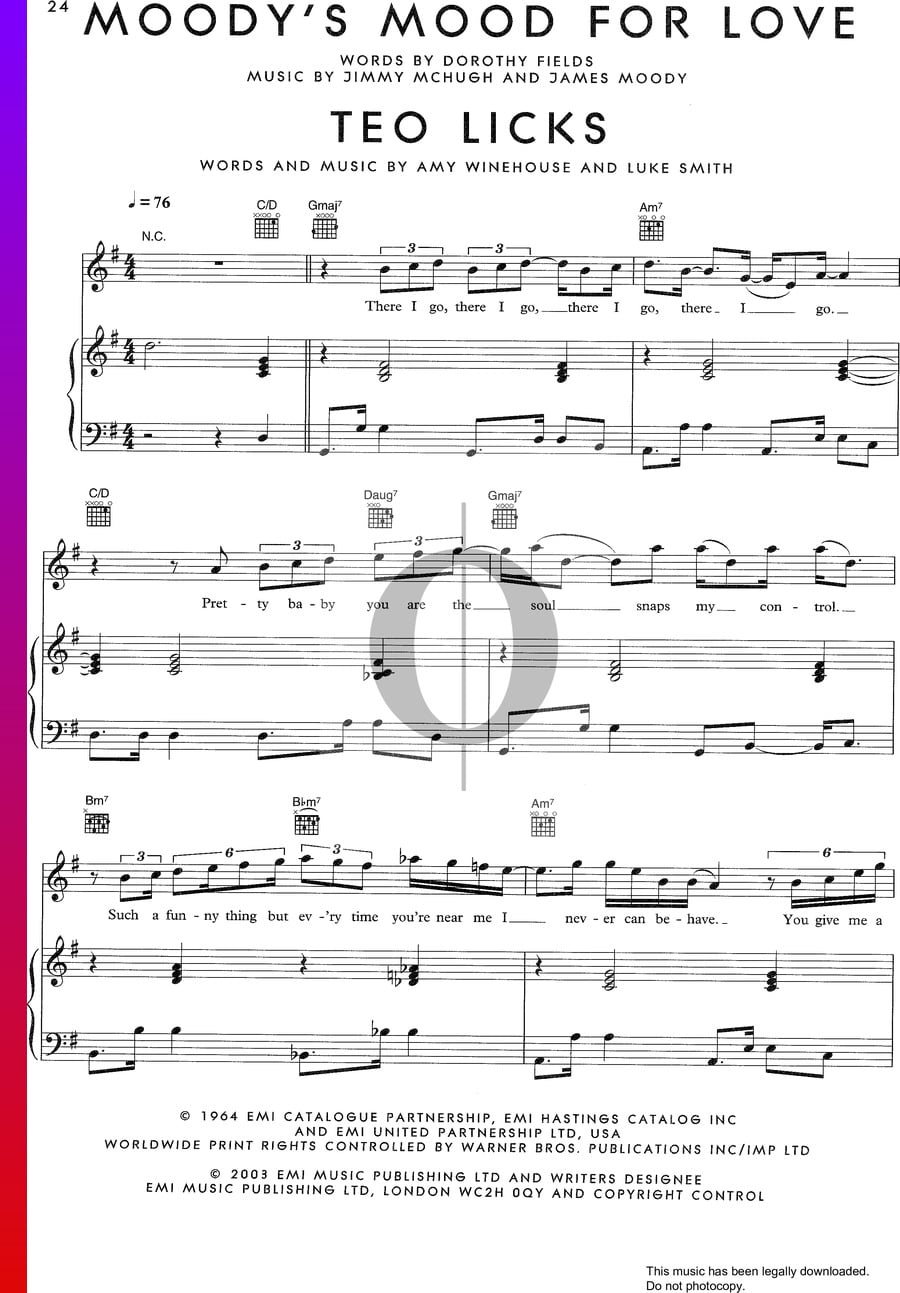 Moody's Mood For Love / Teo Licks (Amy Winehouse) Piano Sheet Music - OKTAV