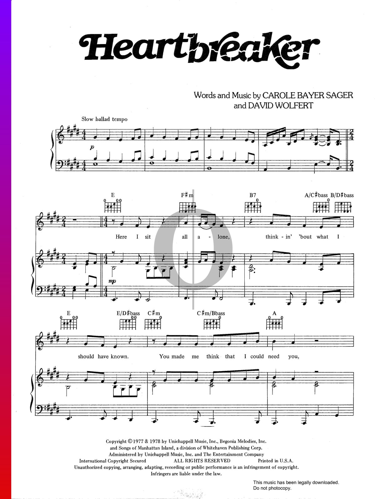 Heartbreaker Sheet Music Piano Voice Guitar Oktav 