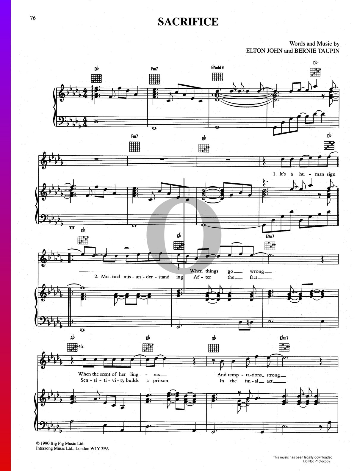 Sacrifice (Piano Chords/Lyrics) - Print Sheet Music Now