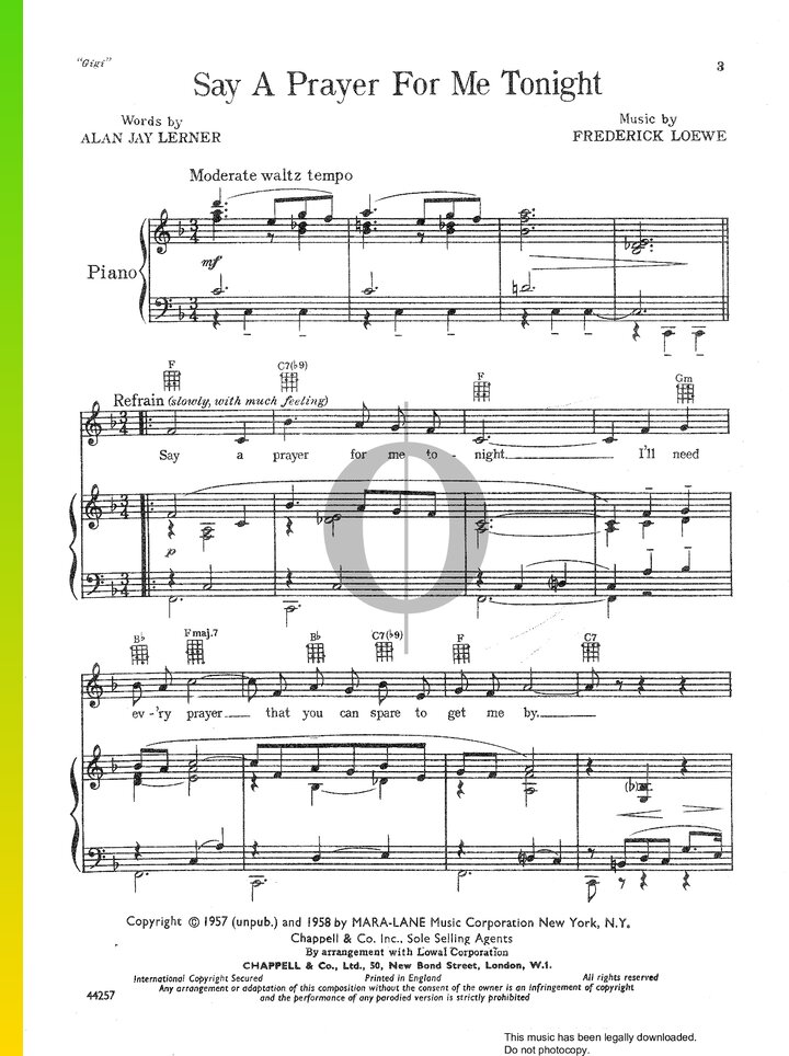 Say A Prayer For Me Tonight (Frederick Loewe) Piano Sheet Music - OKTAV