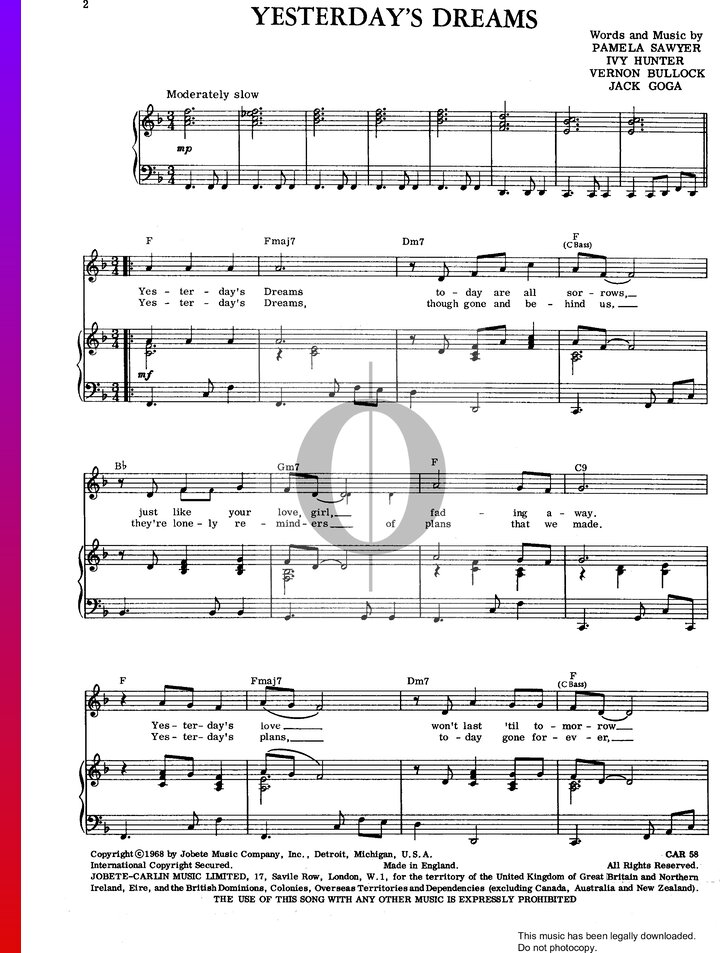 Yesterday's Dreams (Four Tops) Piano Sheet Music - OKTAV