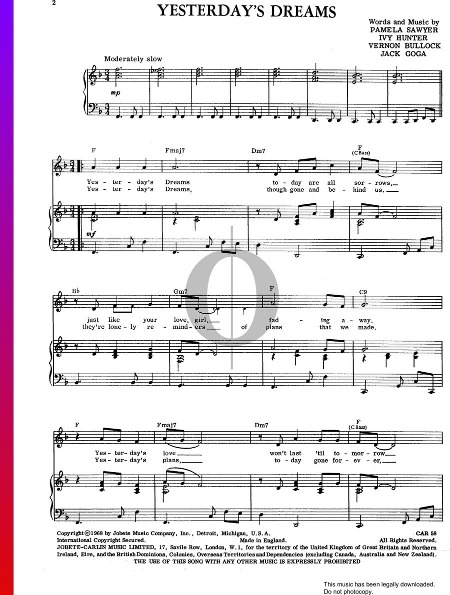 Yesterday's Dreams (Four Tops) Piano Sheet Music - OKTAV