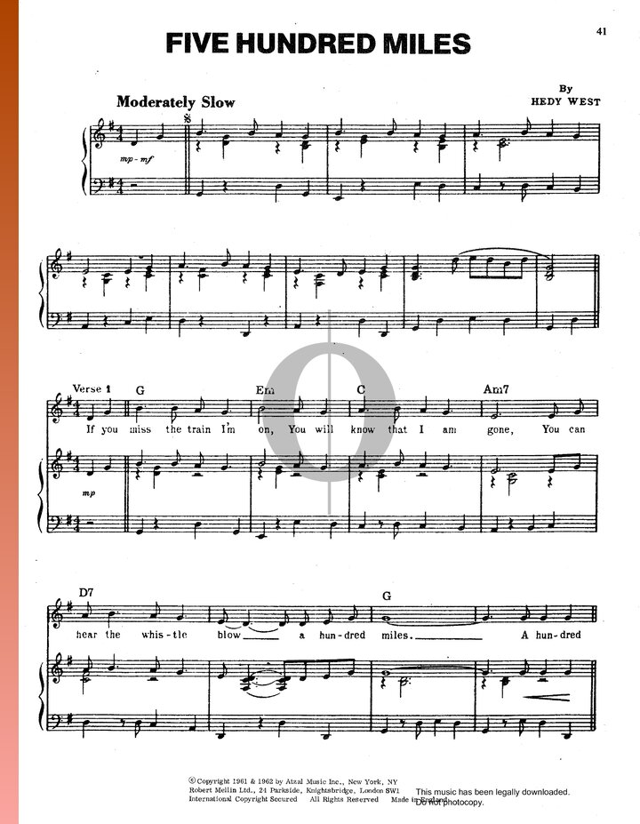 Five Hundred Miles (Hedy West) Piano Sheet Music - OKTAV