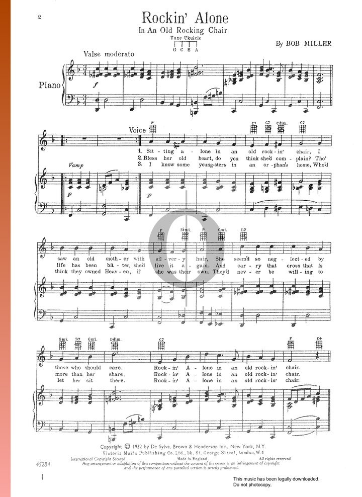 Rockin' Alone (In An Old Rocking Chair) (Bob Miller) Piano Sheet Music ...