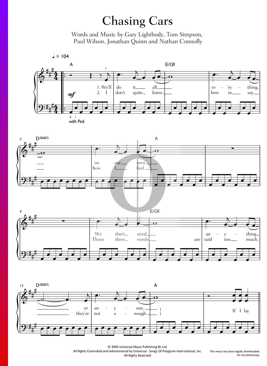 Chasing Cars (Snow Patrol) Piano Sheet Music - OKTAV