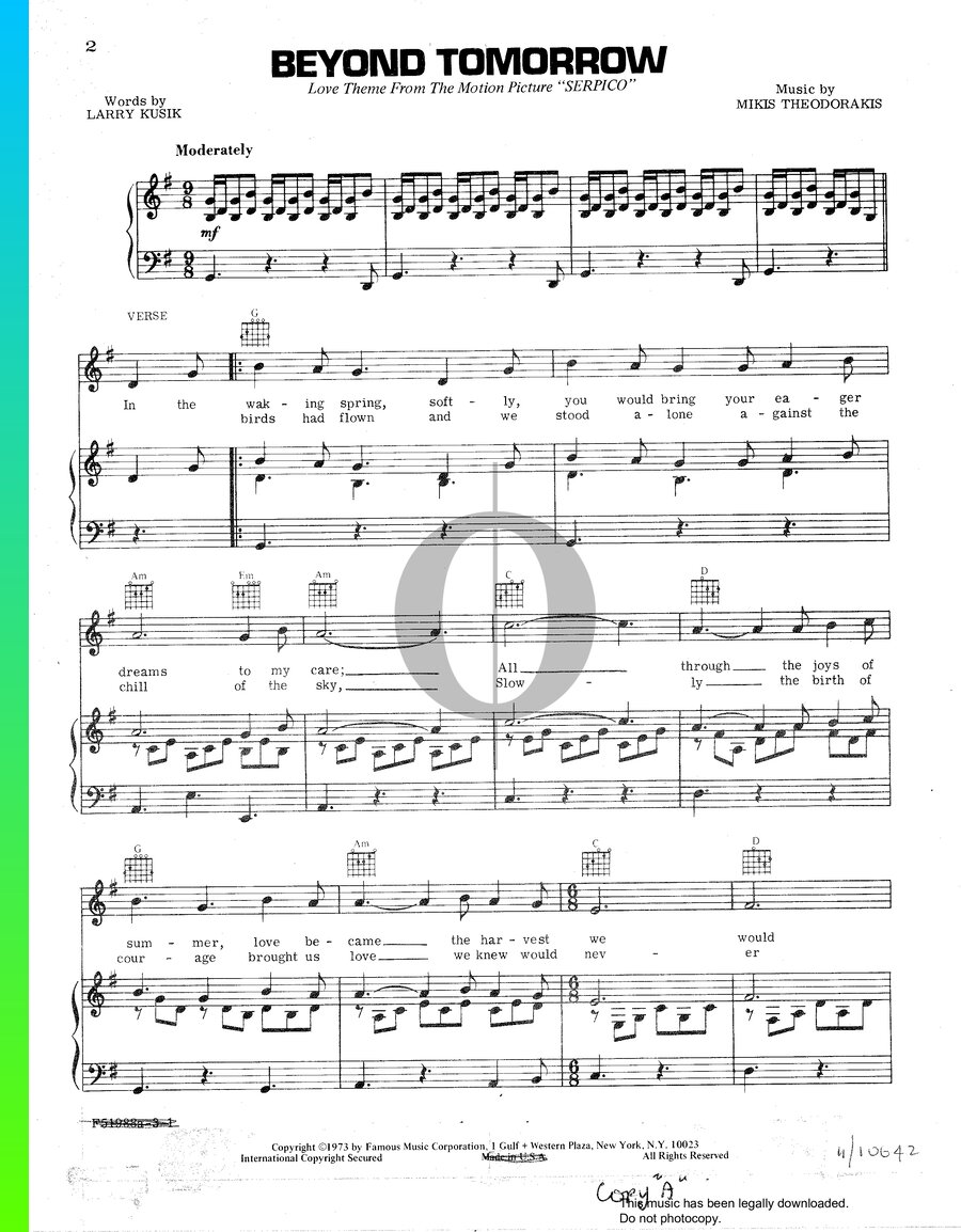 Beyond Tomorrow Piano Sheet Music from Serpico by Mikis Theodorakis - OKTAV