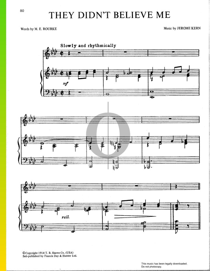 They Didn't Believe Me (Jerome Kern) Piano Sheet Music - OKTAV