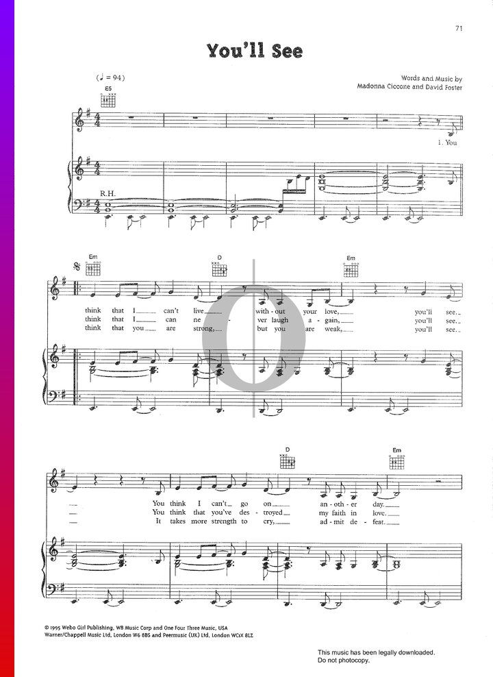 You'll See (Madonna) Piano Sheet Music - OKTAV