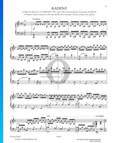 Cadenza to Mozart's Piano Concerto in D Minor K466, first movement (initial version) Partitura