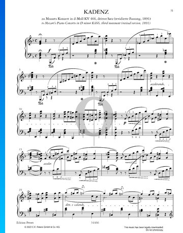 Cadenza to Mozart's Piano Concerto in D Minor K466, third movement (revised version) Spartito