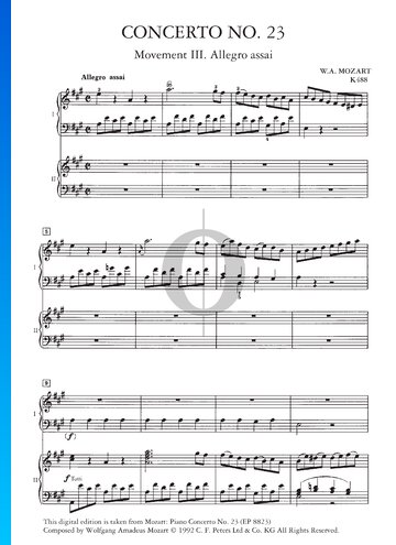 Piano Concerto No. 23 in A Major, K. 488: 3. Allegro assai Partitura