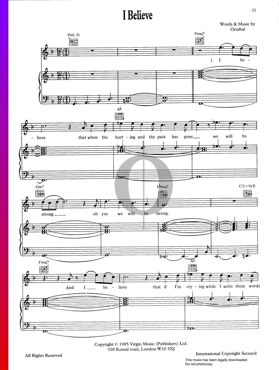 I Believe (Tears for Fears) Piano Sheet Music - OKTAV