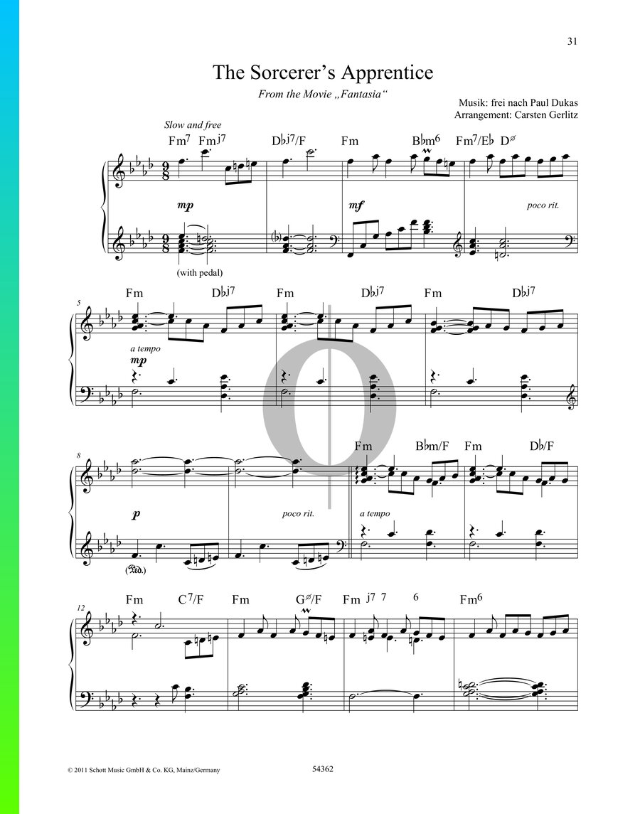The Sorcerer's Apprentice Piano Sheet Music from Fantasia by Paul Dukas