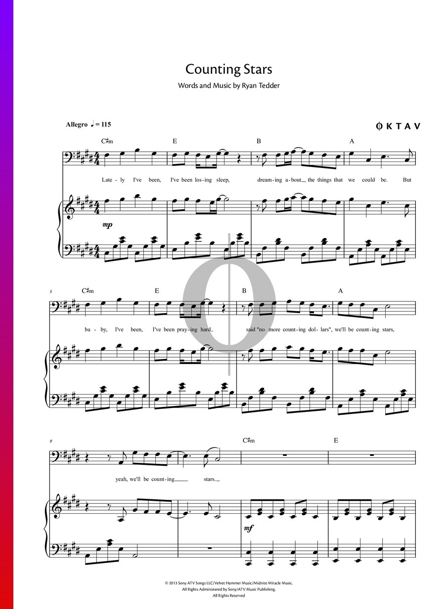 Counting Stars (OneRepublic) Piano Sheet Music - OKTAV