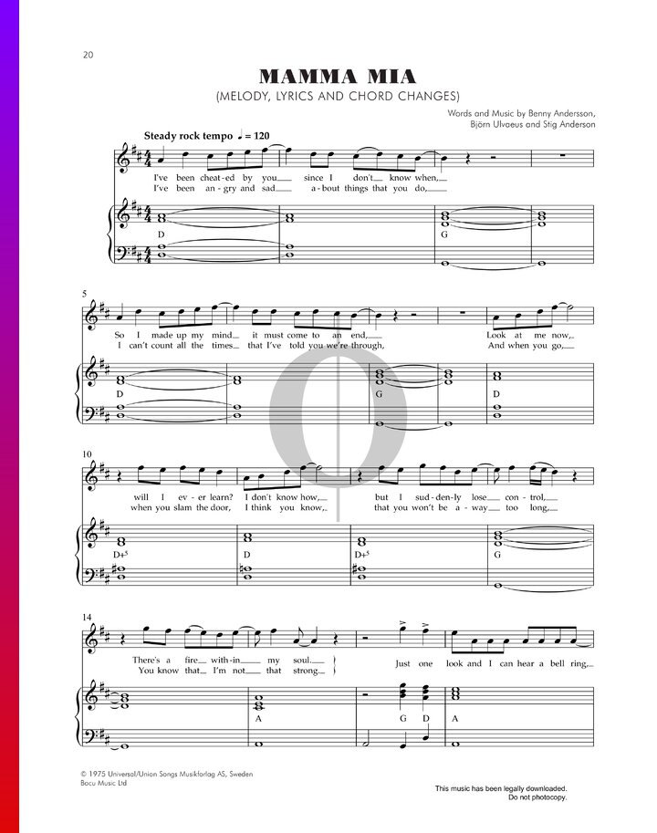 Mamma Mia (ABBA) Piano Sheet Music - OKTAV