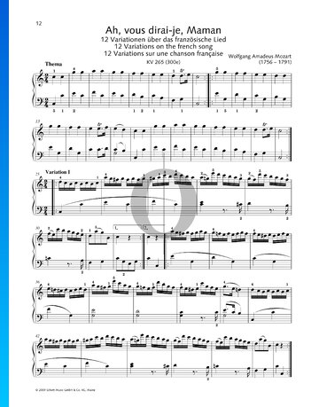 Twelve Variations in C-Major, KV 265 (300e) Spartito