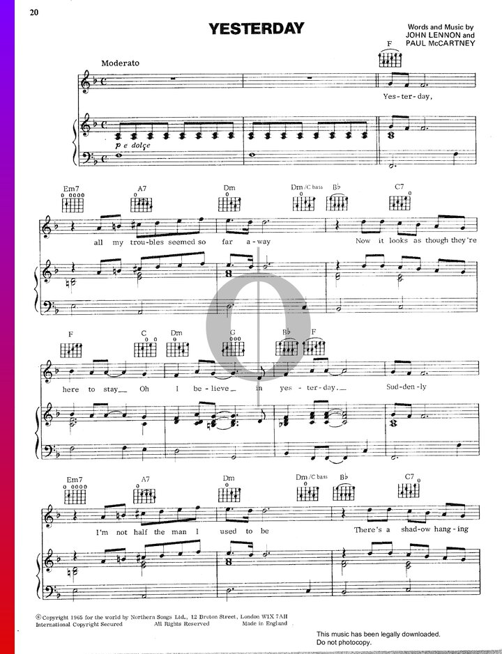 Yesterday (The Beatles) Piano Sheet Music - OKTAV