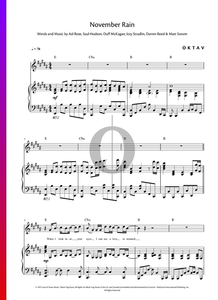 November Rain (Guns N’ Roses) Piano Sheet Music - OKTAV