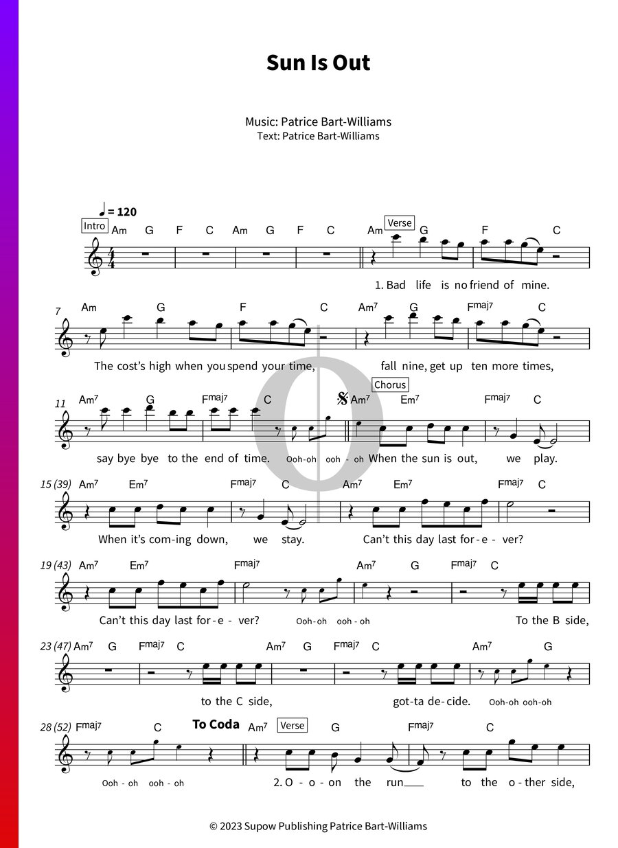 Sun Is Out (Patrice) Piano Sheet Music - OKTAV