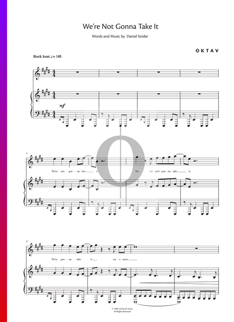 We're Not Gonna Take It (Twisted Sister) Piano Sheet Music - OKTAV
