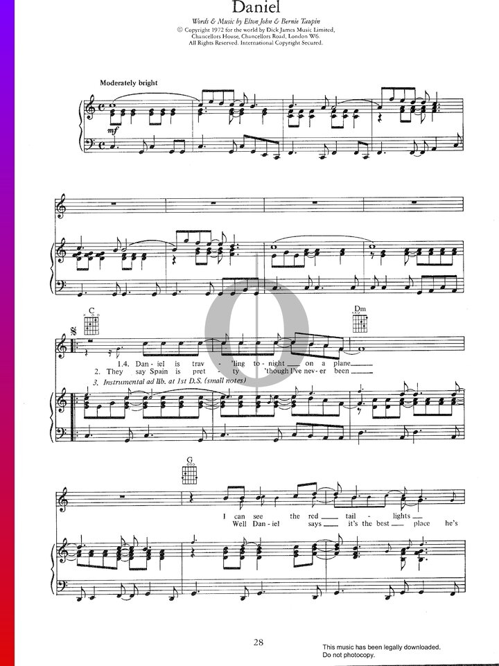 Daniel Tab Daniel (Elton John) Piano Sheet Music - OKTAV