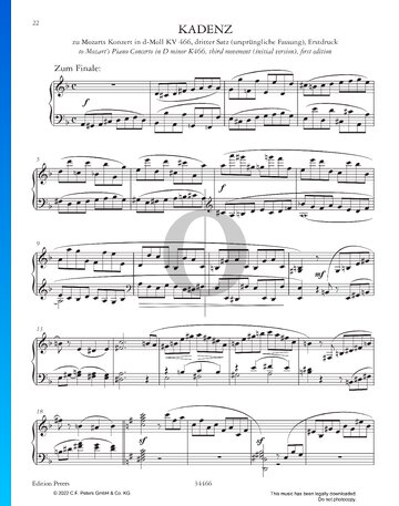 Cadenza to Mozart's Piano Concerto in D Minor K466, third movement (initial version) Spartito