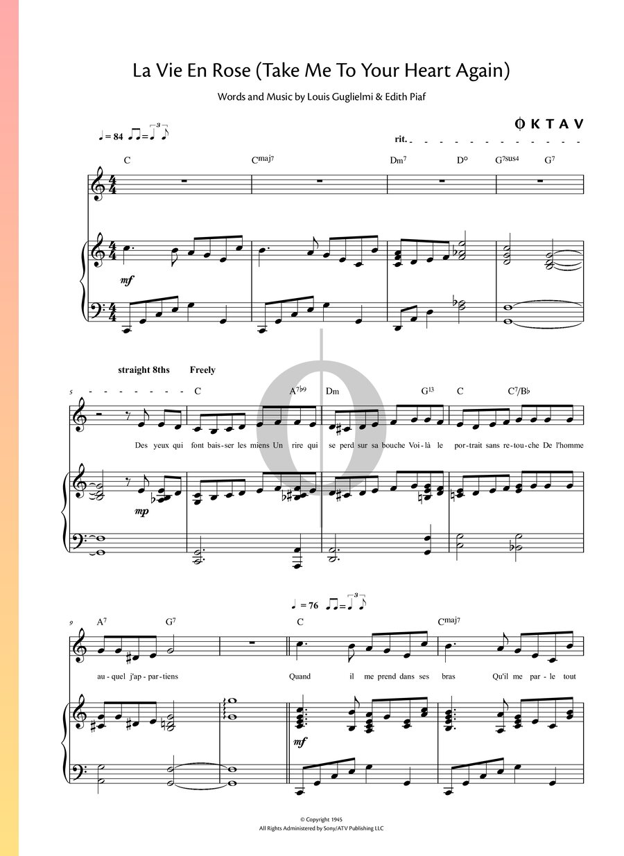 La Vie En Rose Take Me To Your Heart Again Edith Piaf Piano Sheet