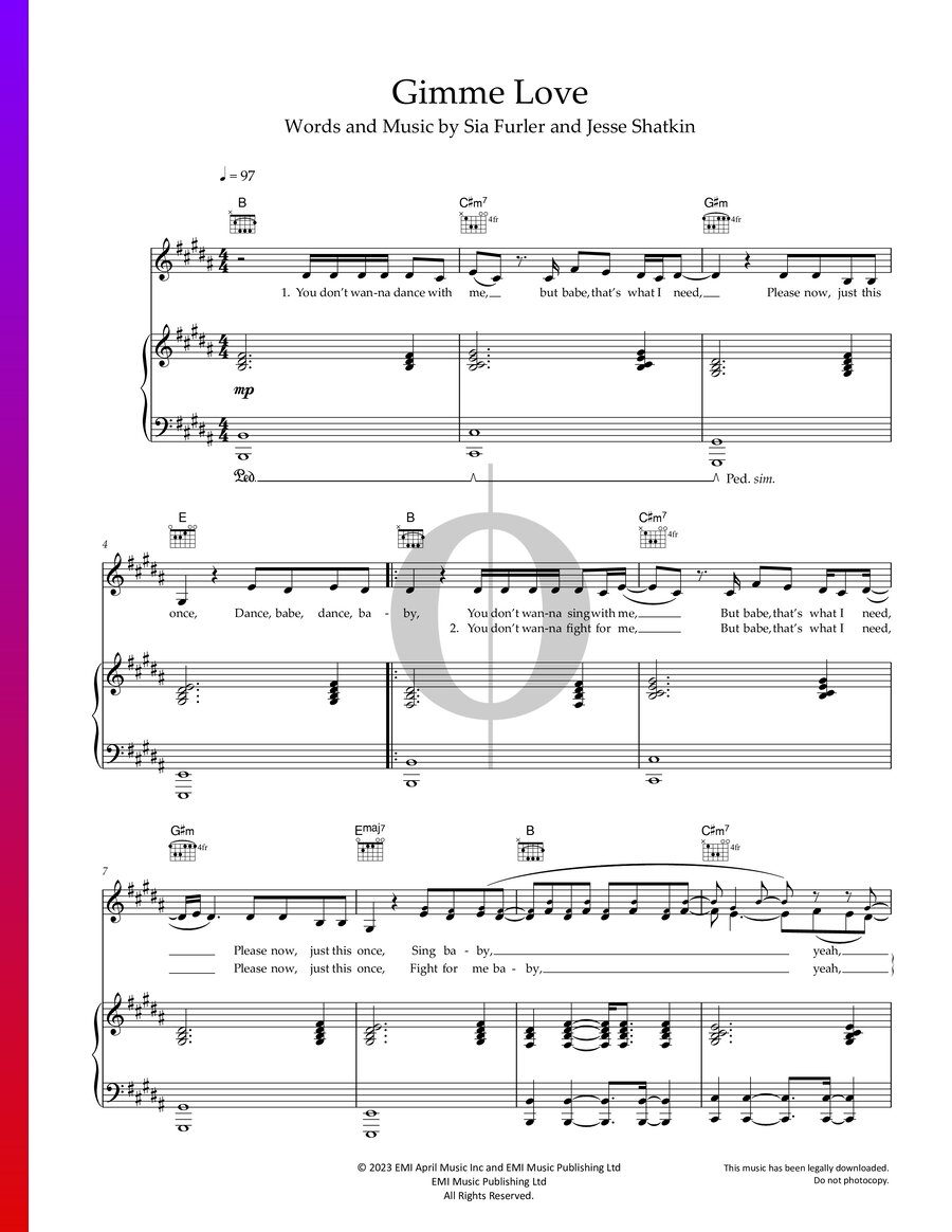 Gimme Love Sia Piano Sheet Music Oktav 3782