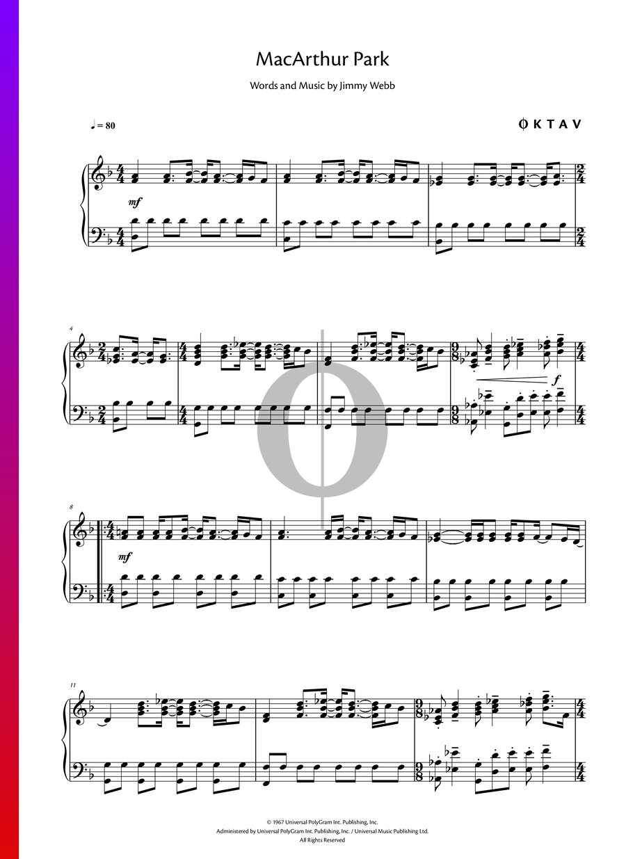 Macarthur Park Sheet Music Piano Solo Oktav