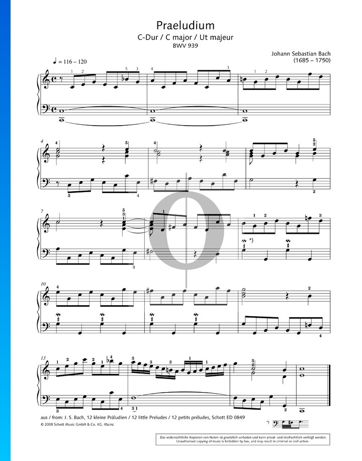 Prelude in C Major, BWV 939 (Johann Sebastian Bach) Piano Sheet Music ...