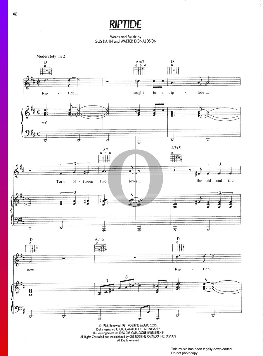 Riptide Sheet Music (Piano, Voice, Guitar) - OKTAV