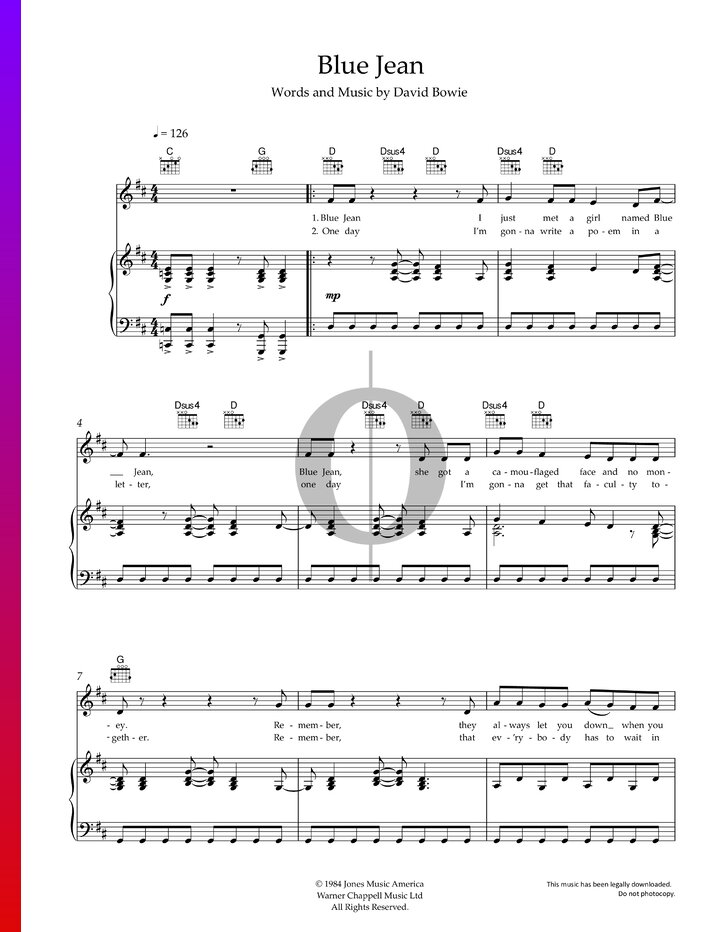 Blue Jean (David Bowie) Piano Sheet Music OKTAV