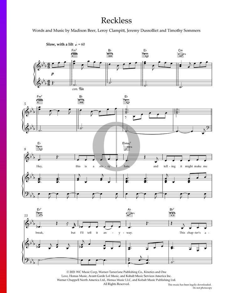 Reckless (Madison Beer) Piano Sheet Music - OKTAV