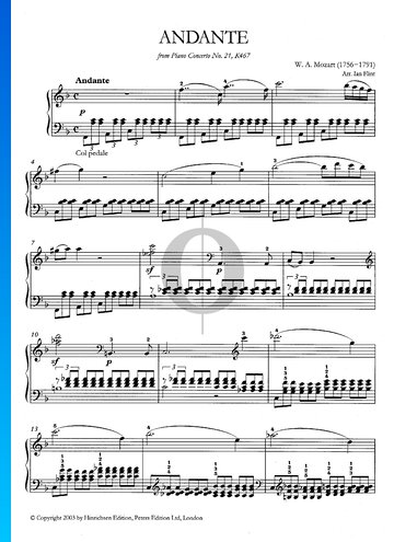 Partition Concerto pour Piano No. 21 en Do Majeur, KV 467: 2. Andante