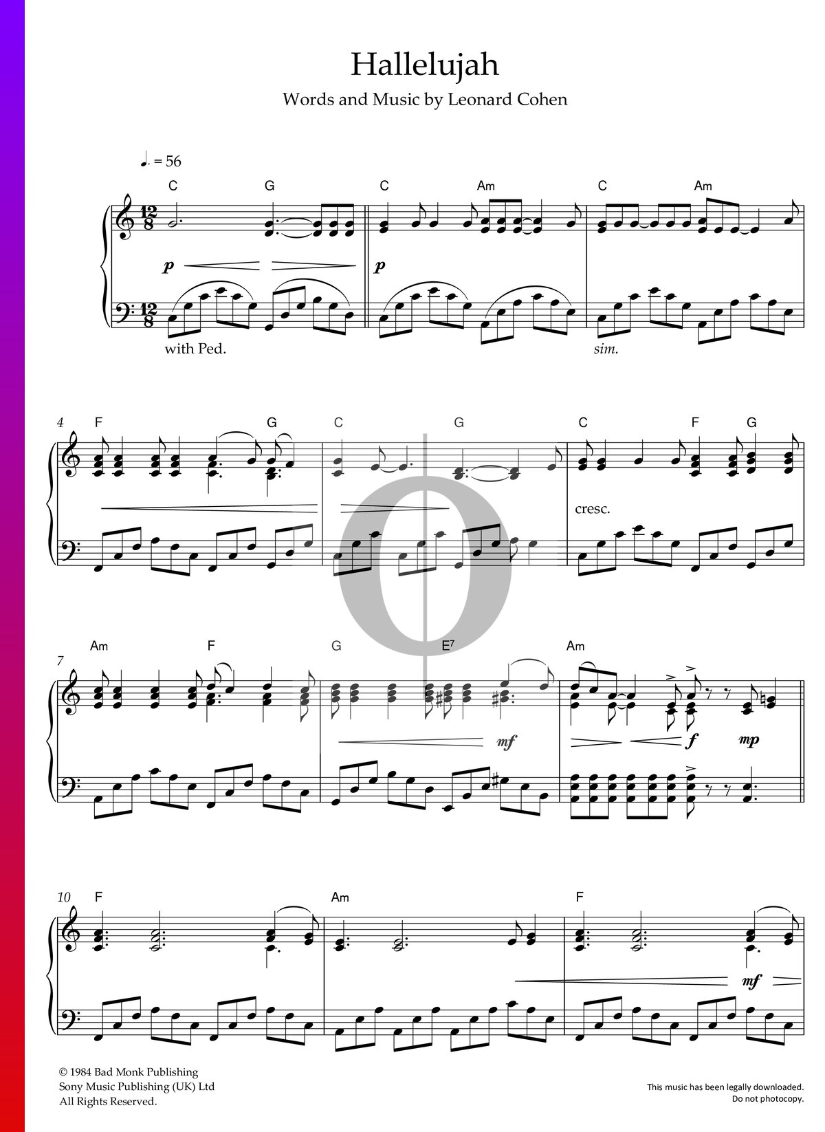 Free Printable Piano Sheet Music For Hallelujah By Leonard Cohen