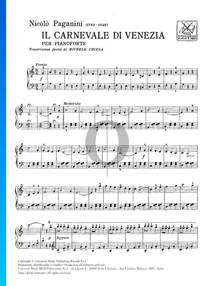 Il Carnevale Di Venezia (Niccolò Paganini) Piano Sheet Music - OKTAV