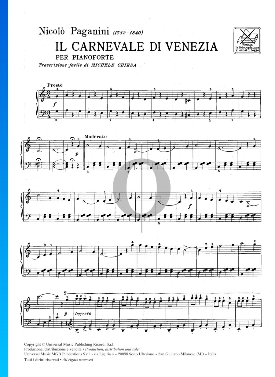 Il Carnevale di Venezia (Niccolò Paganini) Piano Sheet Music - OKTAV