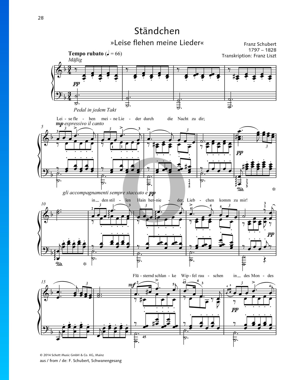 Centímetro Soledad Alpinista Ständchen (Serenata) D. 957 n.º 4 Partitura » Franz Schubert (Piano, Voz) |  Descarga PDF - OKTAV