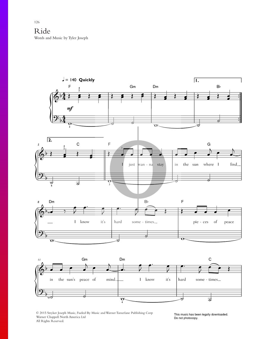 Ride (Twenty One Pilots) Piano Sheet Music OKTAV