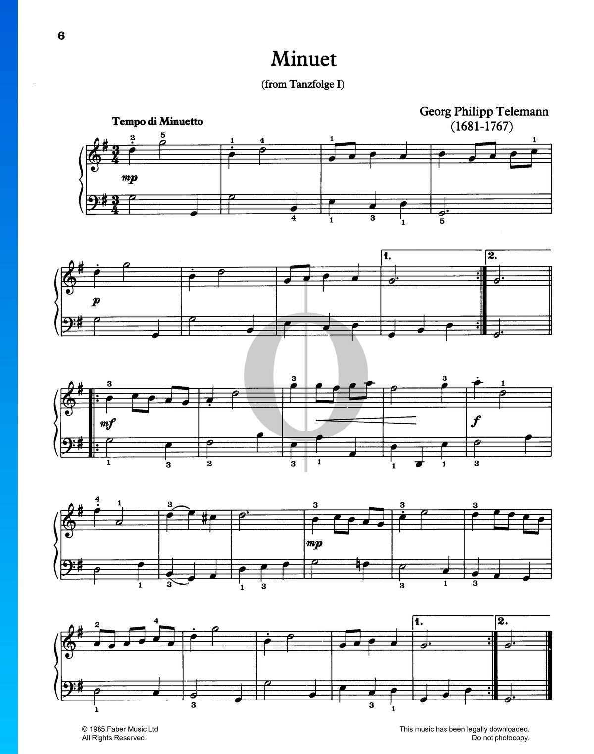 Minuet In G Major Telemann Georg Philipp Telemann Piano Sheet Music