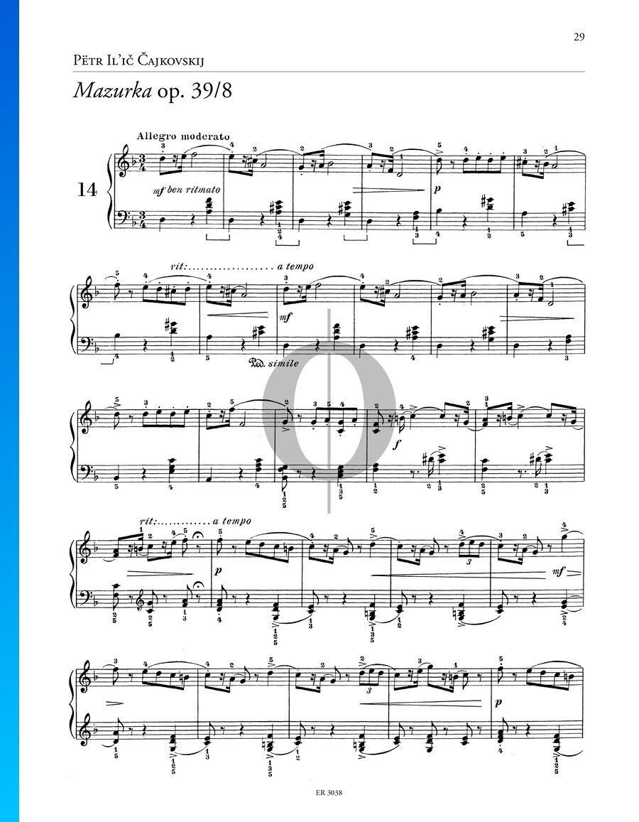 Mazurka, Op. 39 No. 8 (Pjotr Iljitsch Tschaikowski) Piano Sheet Music ...