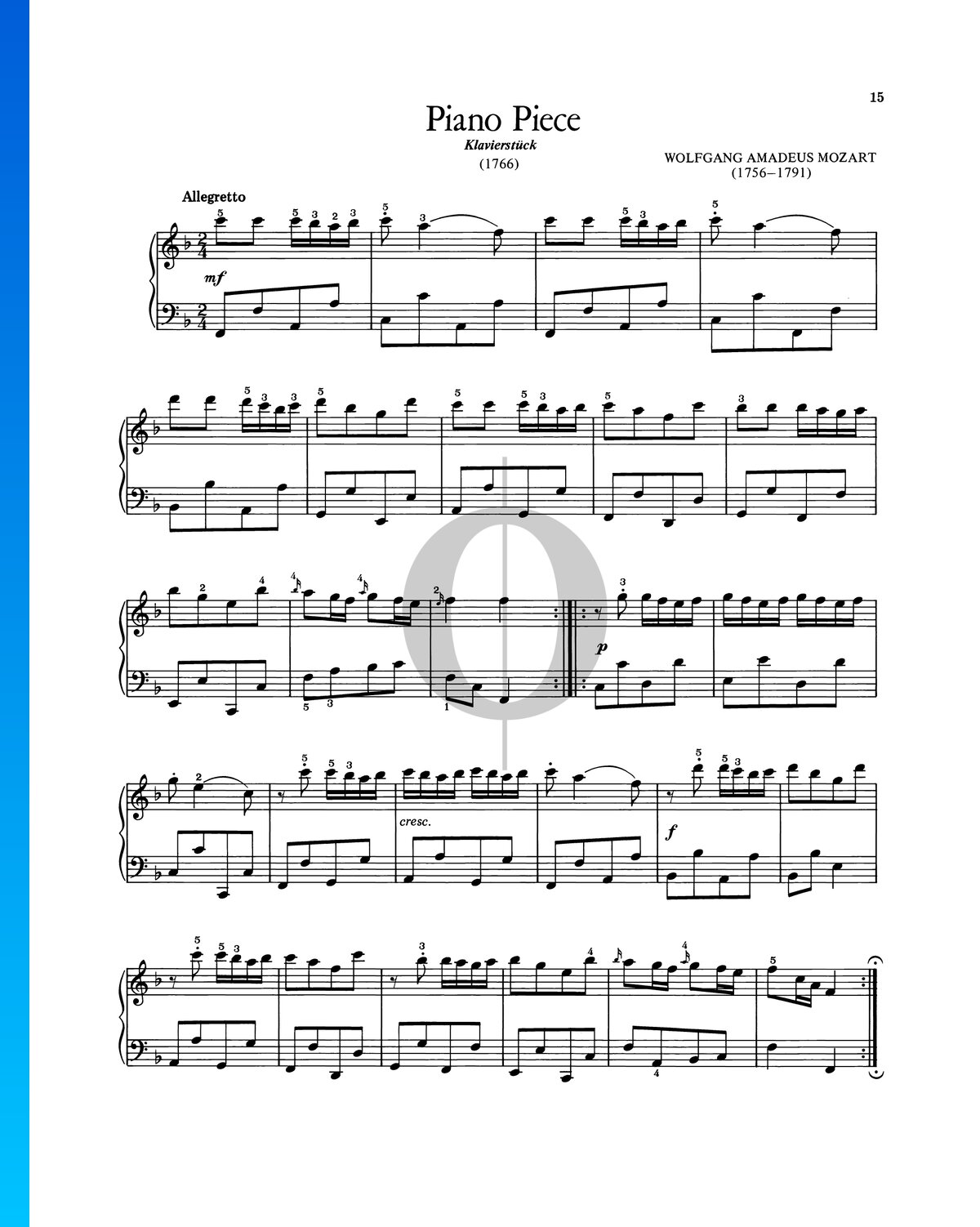 Piece in F Major, Kv 33b (Wolfgang Amadeus Mozart) Piano Sheet