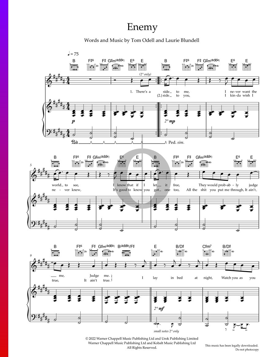 Enemy Sheet Music Piano Voice Guitar Pdf Download Oktav 