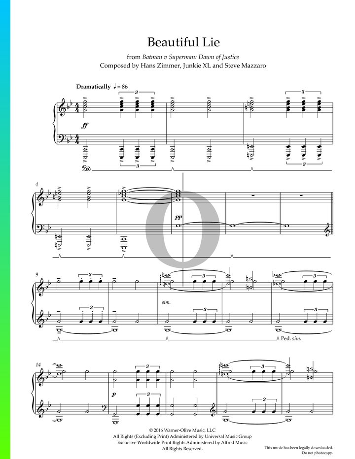 Beautiful Lie Piano Sheet Music From Batman V Superman: Dawn Of Justice 