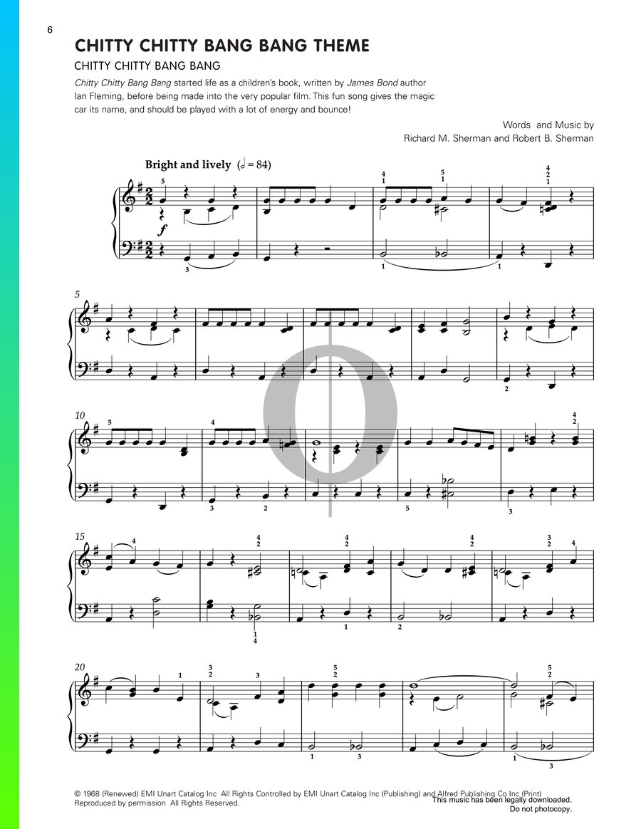 Chitty Chitty Bang Bang Theme Piano Sheet Music from Chitty Chitty Bang ...