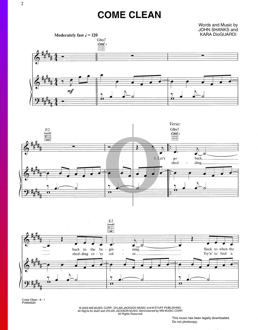 Come Clean (Hilary Duff) Piano Sheet Music - OKTAV