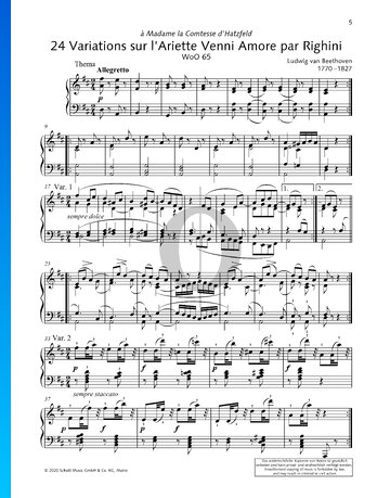 24 Variations sur l’Ariette Venni Amore par Righini, WoO 65 Sheet Music