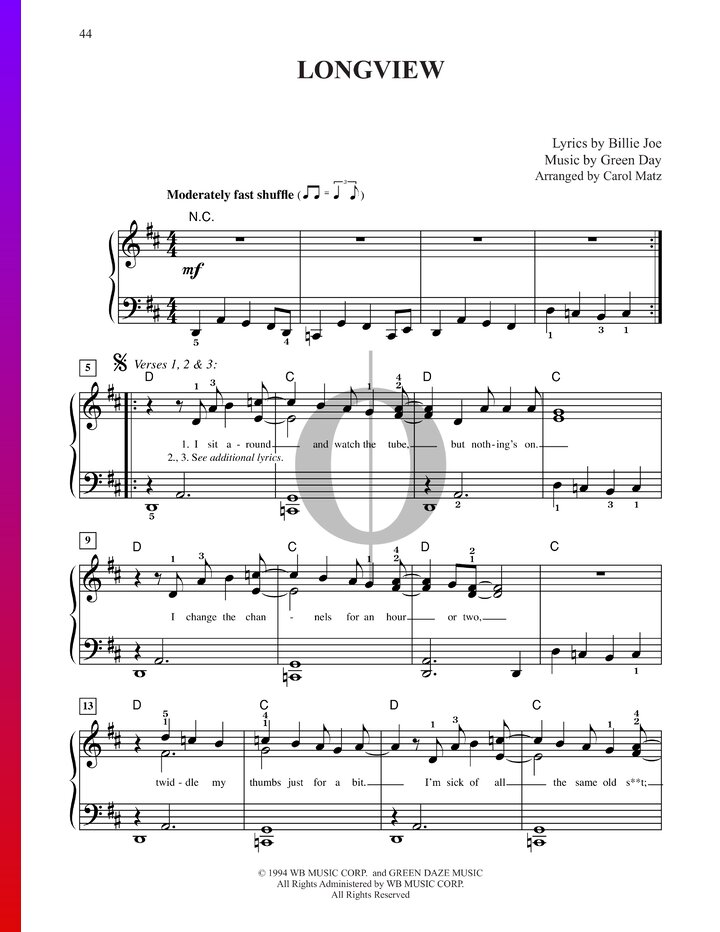Longview (Green Day) Piano Sheet Music OKTAV