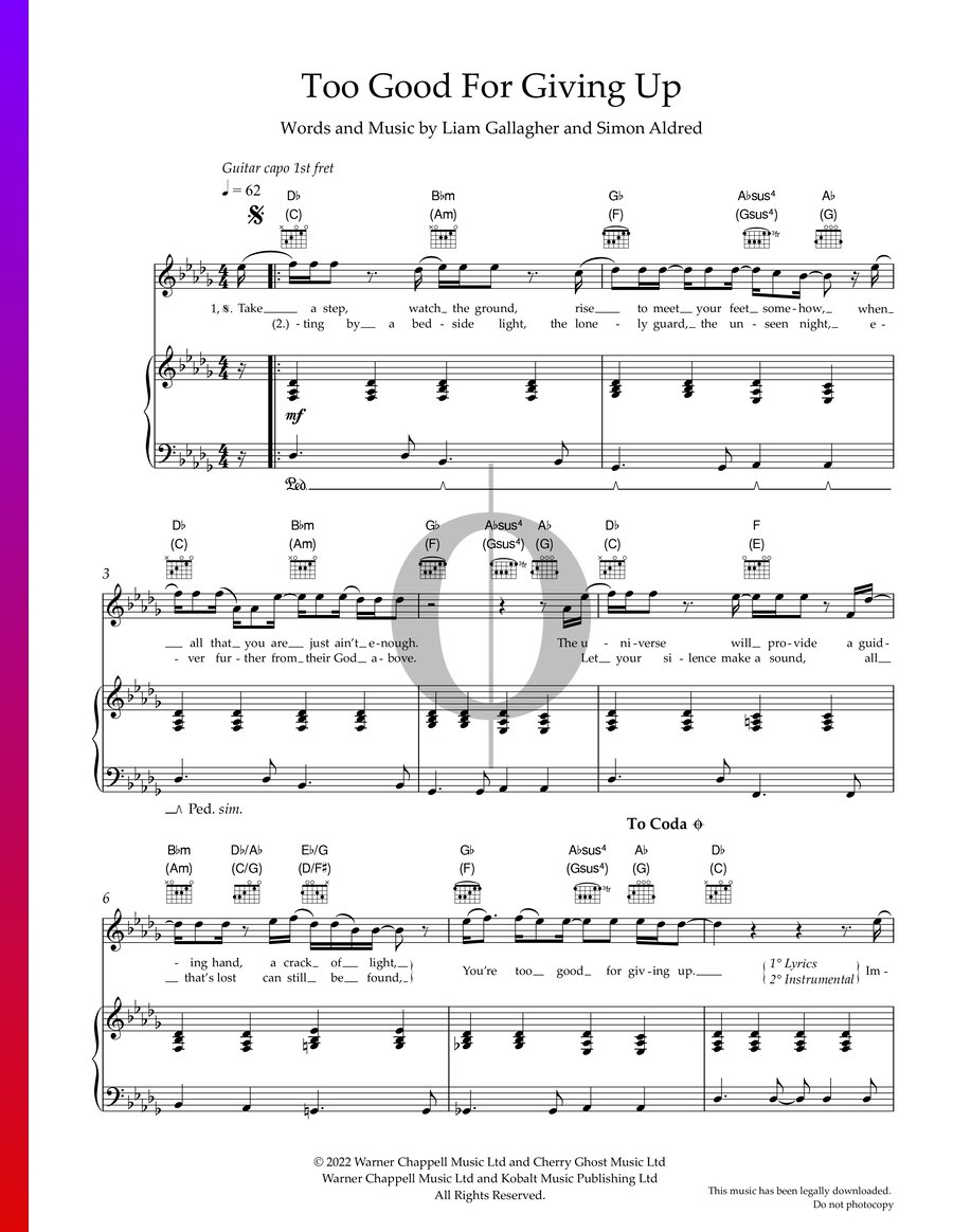 Too Good For Giving Up (Liam Gallagher) Piano Sheet Music - OKTAV