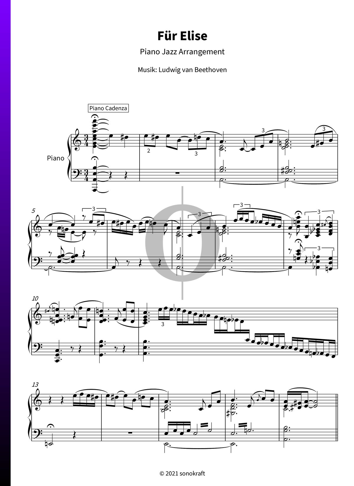 "Für Elise" Noten (Piano Solo) von Ludwig van Beethoven Niveau Fortgeschritten SKU 2